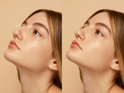 Comparativa antes y después de rinoplastia mostrando corrección del perfil nasal con resultado natural