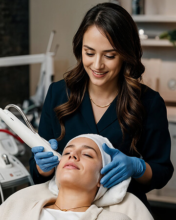 Especialista aplicando tratamiento con dispositivo médico en el rostro de una paciente relajada, imagen representativa de procedimientos no invasivos de lifting facial
