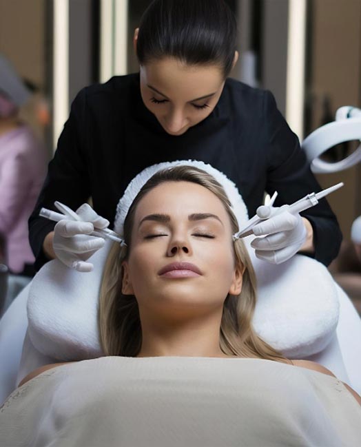 Especialista con guantes blancos aplicando dos jeringas de relleno simultáneamente en el rostro de una paciente relajada, tratamiento de medicina estética facial en clínica Alicante
