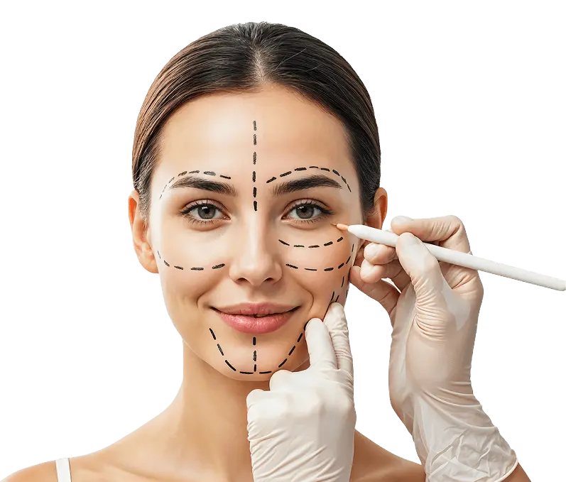 Cirujano con guantes blancos realizando marcación preoperatoria en el rostro de una paciente sonriente, preparación para cirugía plástica facial