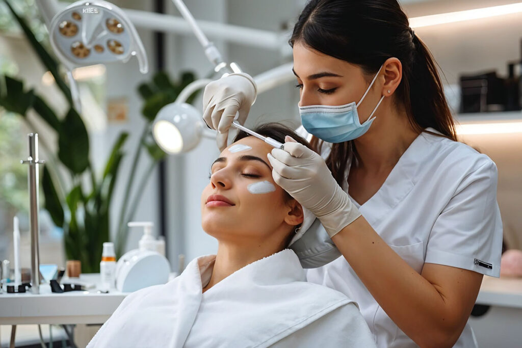 Especialista con mascarilla y guantes aplicando tratamiento en la frente de una paciente relajada en una clínica estética moderna