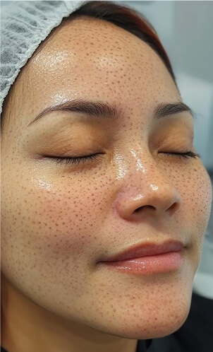 Primer plano de rostro femenino con micropuntos visibles tras un tratamiento de microagujas o radiofrecuencia facial, imagen representativa de procedimientos de rejuvenecimiento cutáneo