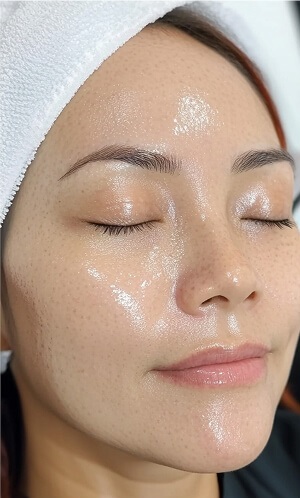 Primer plano de rostro femenino con piel luminosa e hidratada durante un tratamiento de cuidado facial postoperatorio