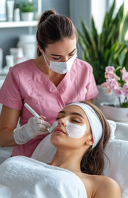 Esteticista con mascarilla y uniforme rosa aplicando tratamiento facial con pincel a una paciente relajada en camilla